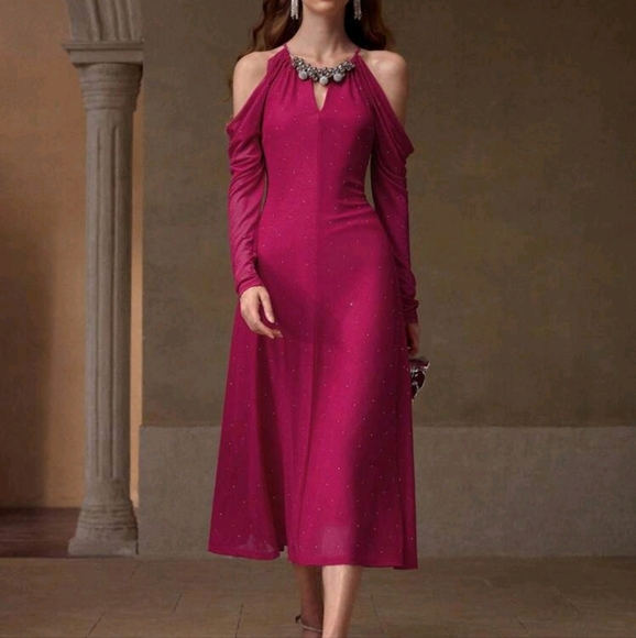 COLD SHOULDER BEADED BIAS CUT DRESS,VALENTINE'S DAY OUTFIT - Picture 1 of 4